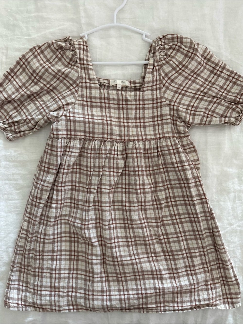 Rylee + Cru Children's Plaid Puff-Sleeve Dress - Brown Cream